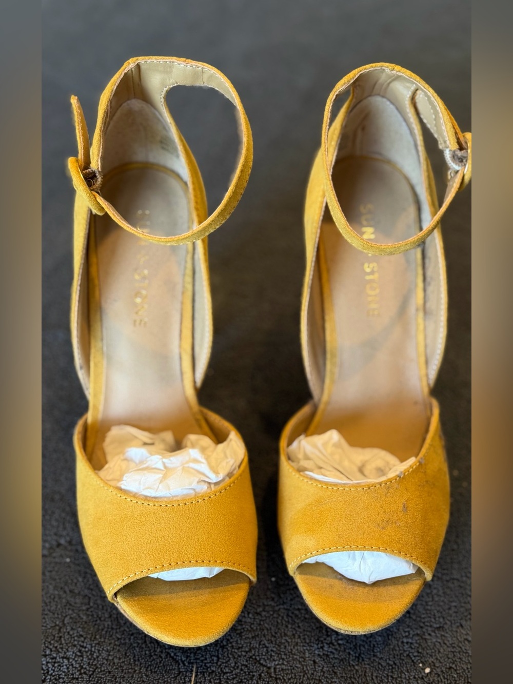 Sun + Stone Yellow Suede Cork Platform Heels - Picture 2 of 6